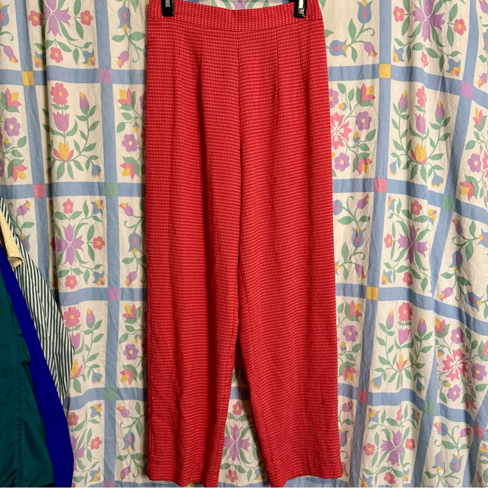 Vintage Hot Pink Gingham Elastic Waist Pleated Pants With Zipper